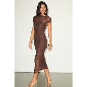 NWT Lulus Sunama Brown Mesh Ruched Bodycon Midi Dress Party Night Out Gala Sz M